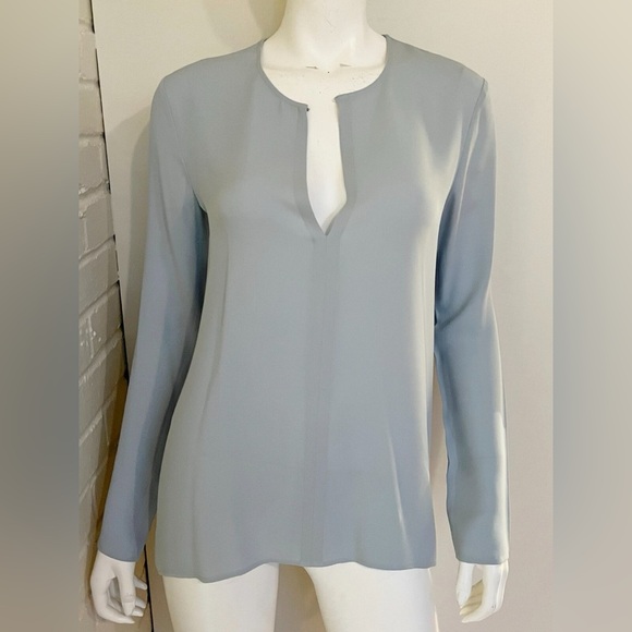 Theory Tops - Theory Silk Slit Neck Tunic Blouse Top Shirt Light Blue Small